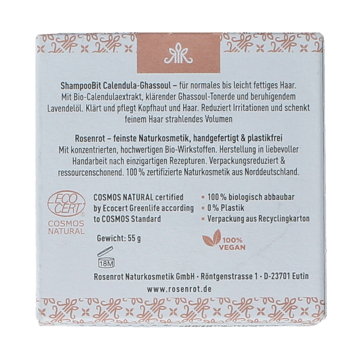 Solid Rosenrot Calendula and Ghassoul shampoo bar, 55g, for hair care, with natural ingredients and herbal cleansing properties.