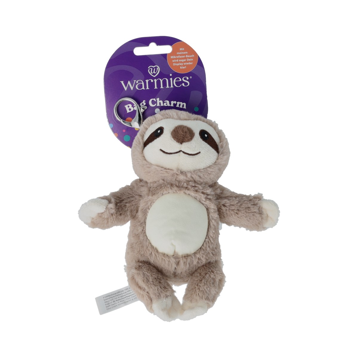 Warmies Faultier plush toy bag charm in brown, soft and cuddly, perfect for decorating bags or as a cute collectible.