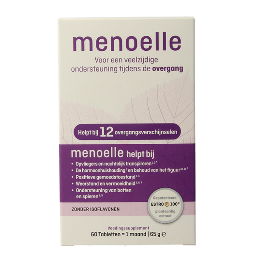 Menoelle Overgang tabletten, herbal supplement in a bottle, with 60 tablets for menopause support.