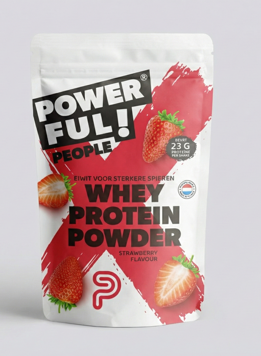 Powerful People strawberry protein powder container, 330g, amino acids supplement with vibrant label and branding on front.