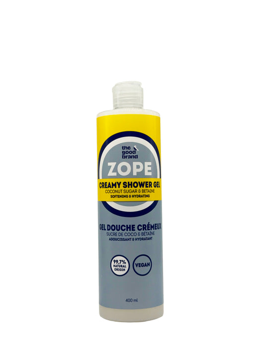 The Good Brand Coconut Sugar & Betaine Shower Cream, 400ml, featuring a white bottle with a pump dispenser and coconut imagery.