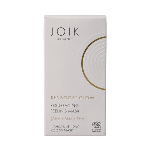 Joik Organics Re-boost glow peeling mask for face, 50ml, featuring natural ingredients for resurfacing and revitalizing skin.