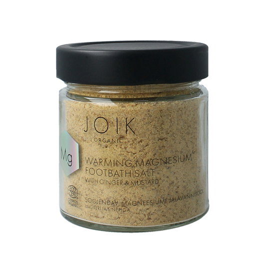 Joik Organics organic foot bath salt warming in a 200g container, designed for relaxing foot care and soothing warmth.