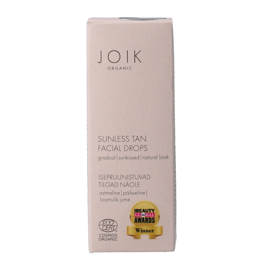 Joik Organics Sunless tan facial drops in 30ml bottle, natural skincare Zonnen product for a sun-kissed glow.