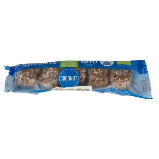 Bioyuga coconut date balls, organic snack, 45g, featuring fresh dates and coconut in a natural, bite-sized treat.