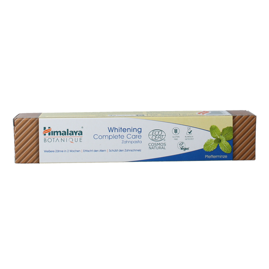 Himalaya Botanique Complete Care Whitening toothpaste in 75g tube, featuring natural herbal ingredients and a brightening formula.