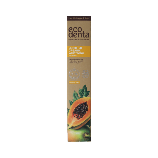 Ecodenta organic whitening toothpaste with papaya in 75ml tube, featuring a white and green packaging design.