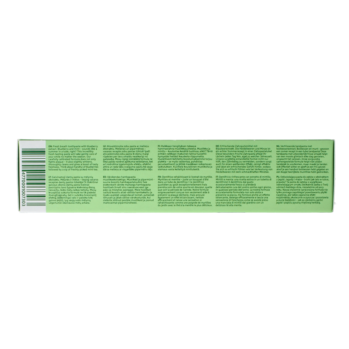 Ecodenta Fresh Breath blueberry toothpaste in a 100ml green line tube, designed for fresh breath and oral hygiene.