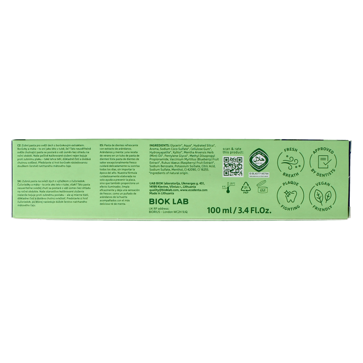 Ecodenta Fresh Breath Blue Berry green line toothpaste in 100ml tube, featuring blue berry flavor and natural ingredients.