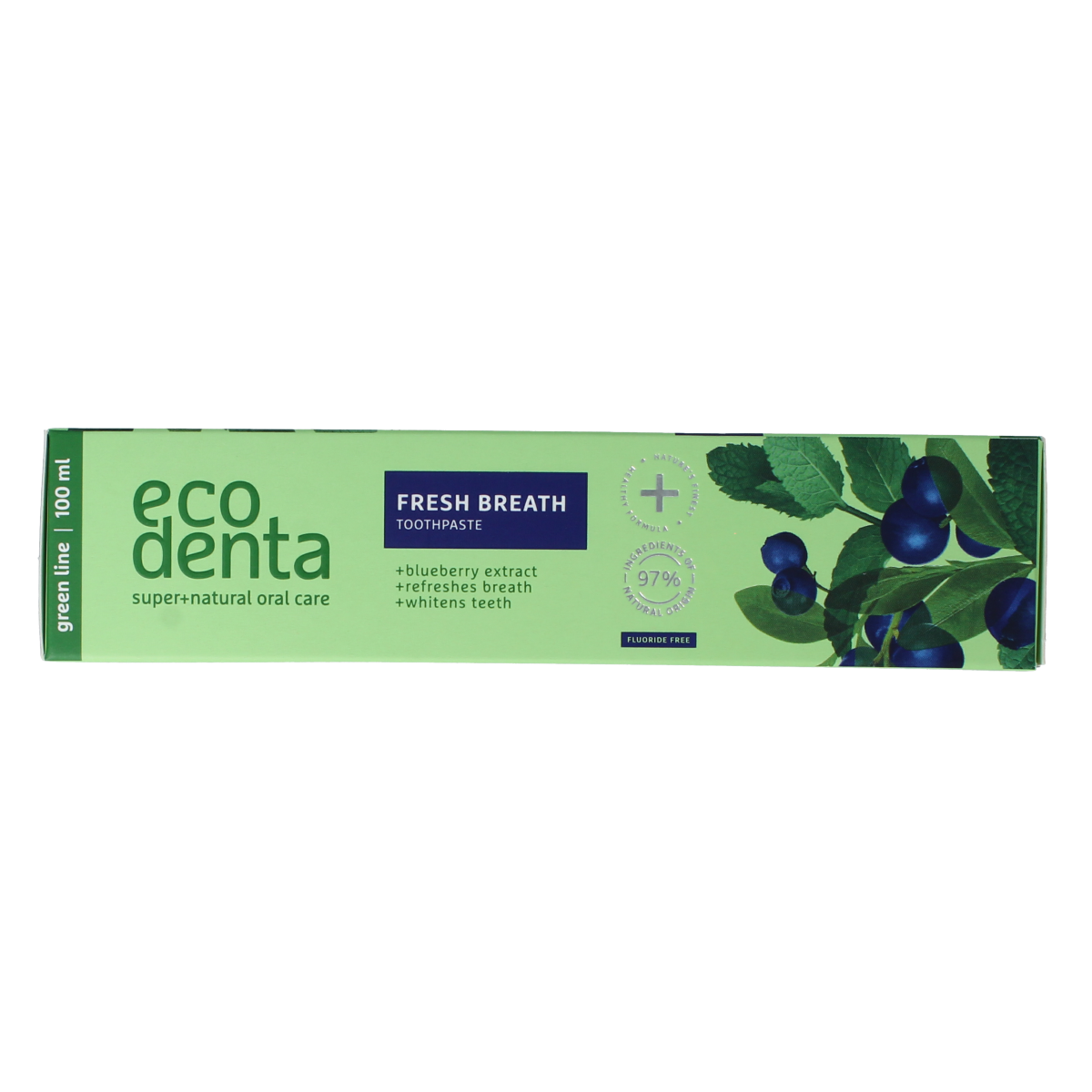 Ecodenta fresh breath blueberry toothpaste in green line packaging, 100ml tube for oral hygiene and freshening breath.