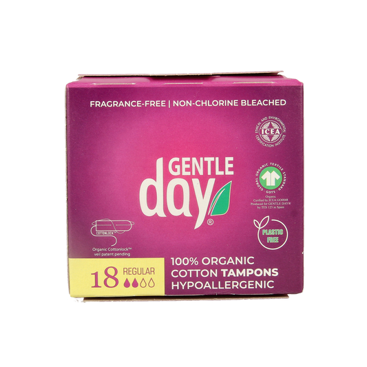 Gentle Day Regular Tampons pack with 18 units, soft applicators, and discreet packaging for comfortable feminine hygiene.