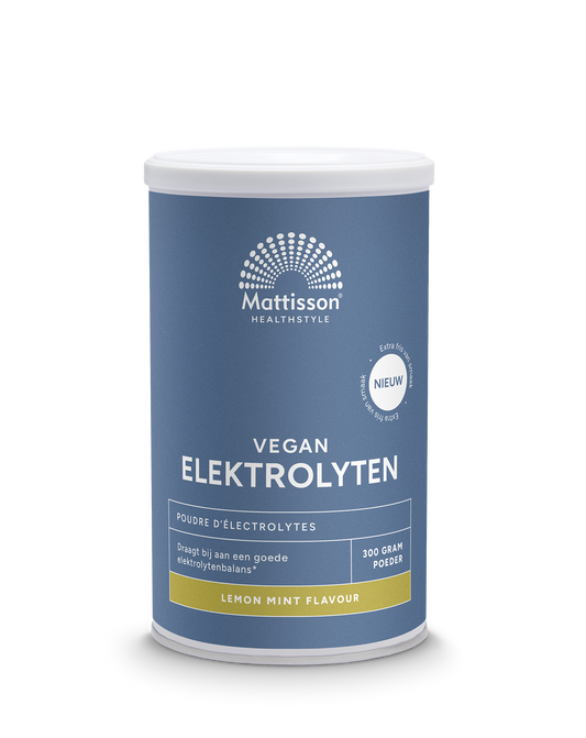 Mattisson Elektrolyten Poeder Lemon Mint sportvoeding powder in a 300g container, with lemon and mint flavor visible.