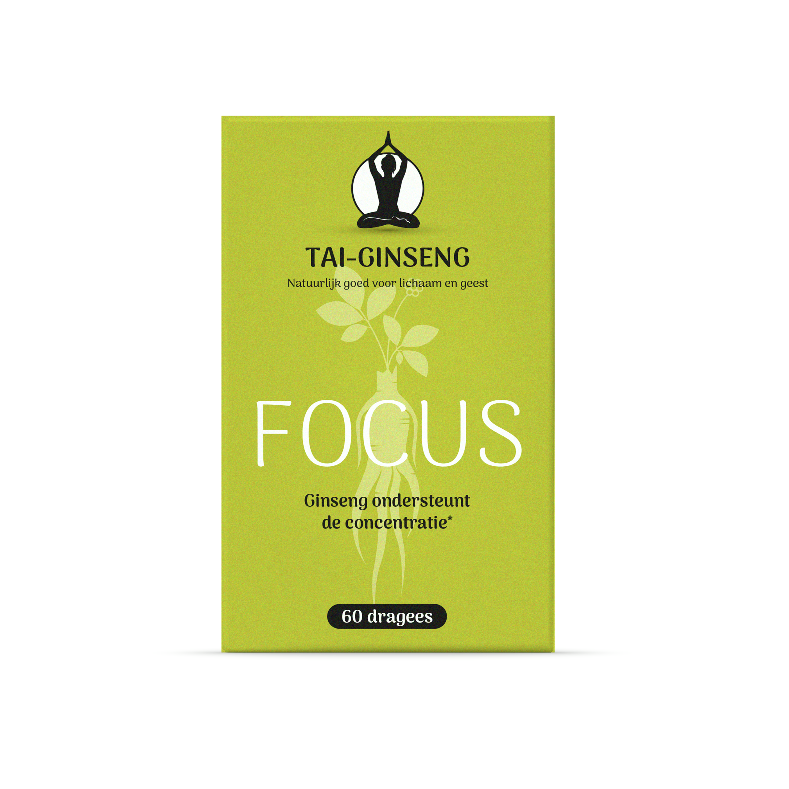 Tai Ginseng Focus herbal supplement dragees in a package, featuring the product label and front view of the Tai Ginseng box.