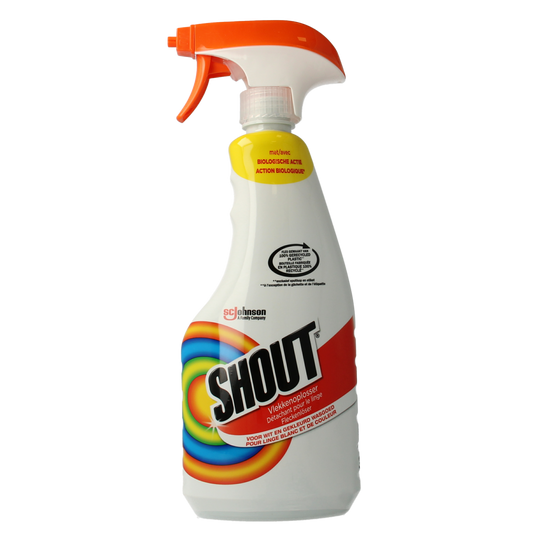Mr Muscle Shout stain remover spray in a 500ml bottle, used for cleaning and removing stains from various surfaces.