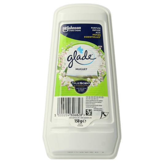 Glade Muguet air freshener gel in a 150g container, used for freshening up toilets and bathrooms.