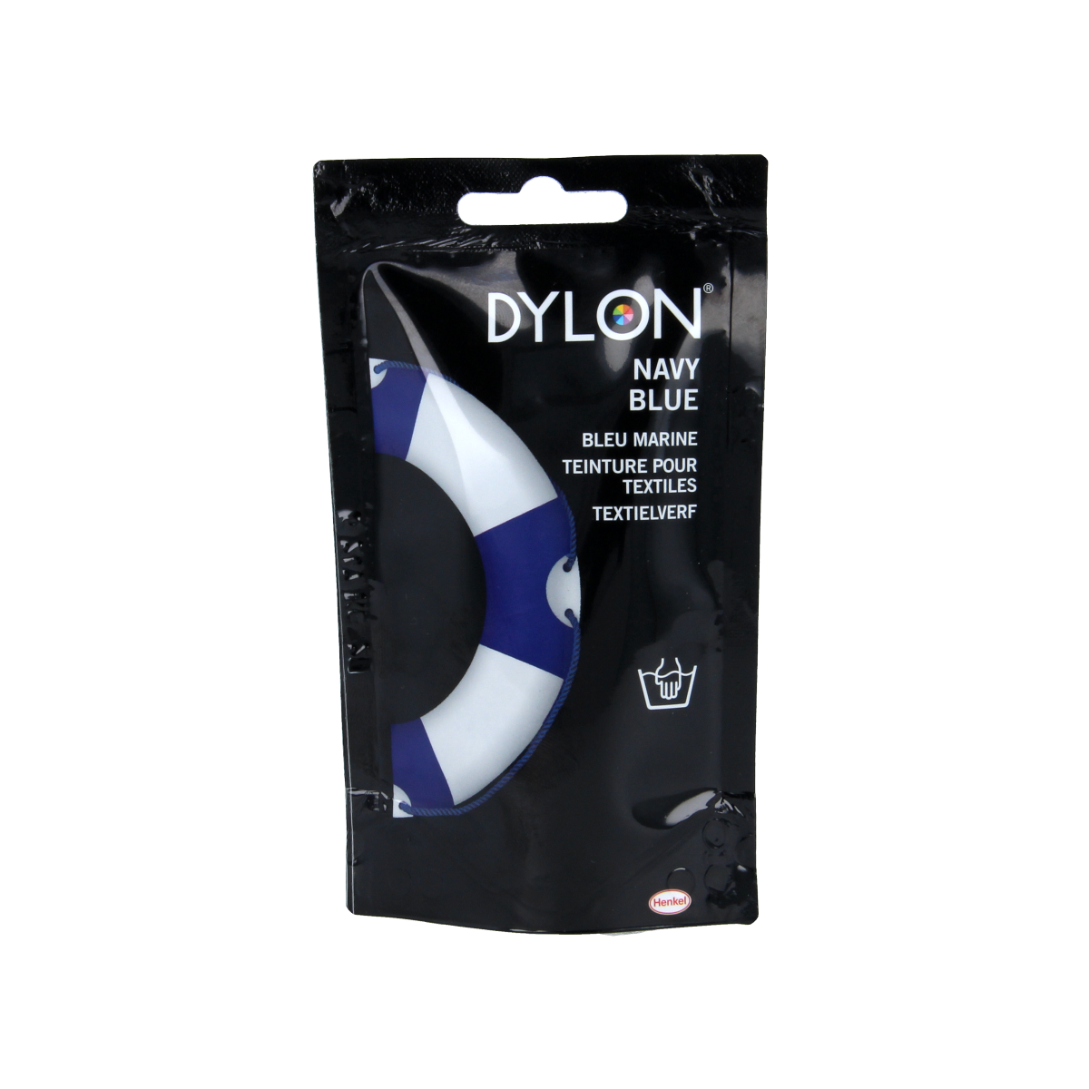 Dylon Handwas textile dye in navy blue 08, 50 grams, showing the dye powder container with navy blue dye for fabric coloring.