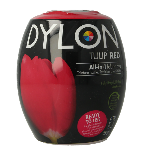 Dylon Tulip Red textile dye pod, 350g, showing the vibrant red dye powder in a container suitable for fabric coloring.