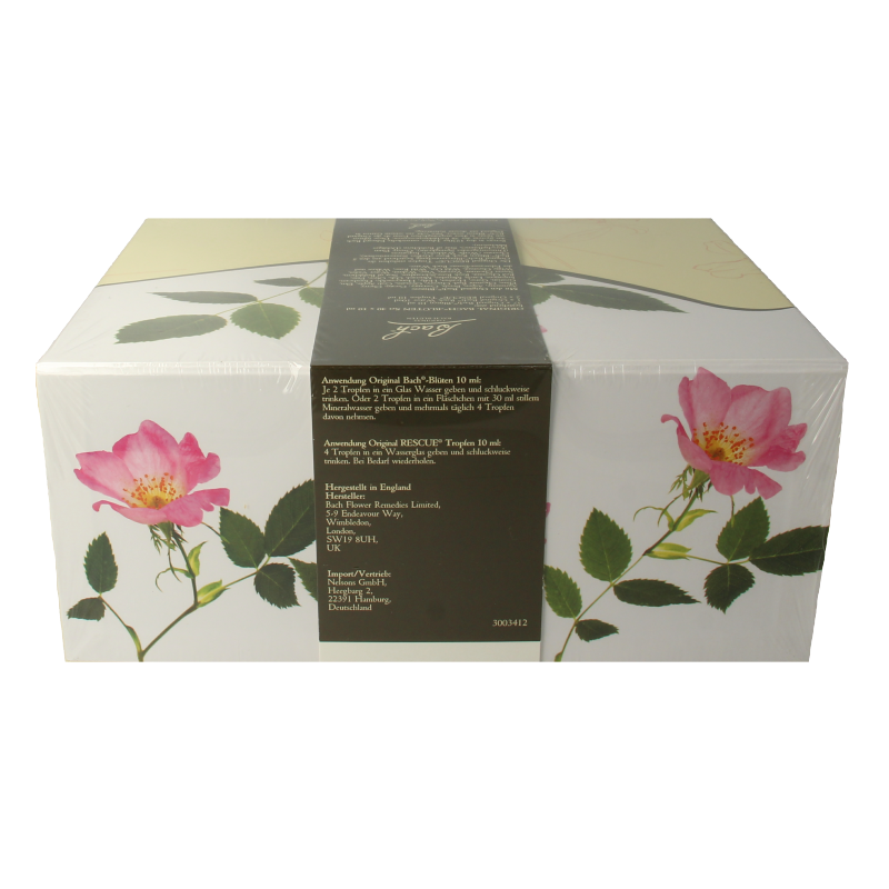 Bach Bloesemremedies Set of 10ml bottles with herbal preparations, featuring natural flower essence remedies in small glass bottles.