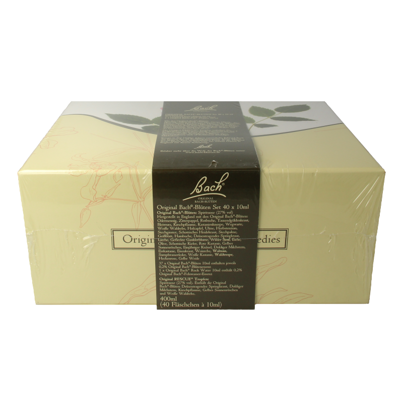 Bach Bloesemremedies set with multiple 10ml herbal preparations in small bottles, used for natural wellness and herbal healing.