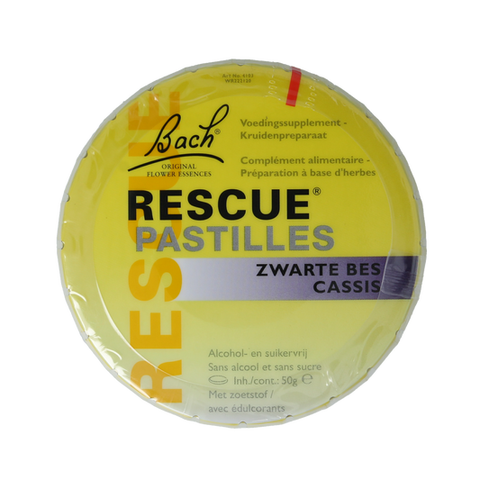 Bach Rescue Rescue pastilles met zwarte bes in een doos van 50 gram, kruidenpreparaat voor ontspanning en welzijn.