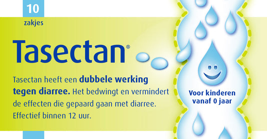 Tasectan Kinder sachets for diarrhea relief, showing 10 sachets in a box, designed for children’s gastrointestinal comfort.