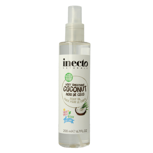 Inecto Naturals coconut body oil bottle, 200ml, featuring natural ingredients and a clear label with coconut imagery.