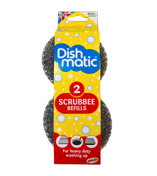 Two Dishmatic Scrubbee steel scrub brush replacements for cleaning, featuring durable stainless steel bristles.