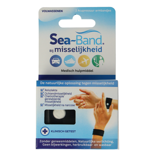 Black Sea Band wristbands for adults, designed to prevent travel sickness, shown in a close-up image.