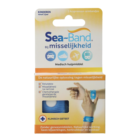 Blue Sea Band kids wristbands for motion sickness relief, showing the pair of adjustable travel sickness bands for children.