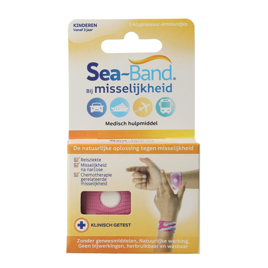Pink Sea Band wristbands for children, designed to prevent motion sickness, shown on a child's wrist.