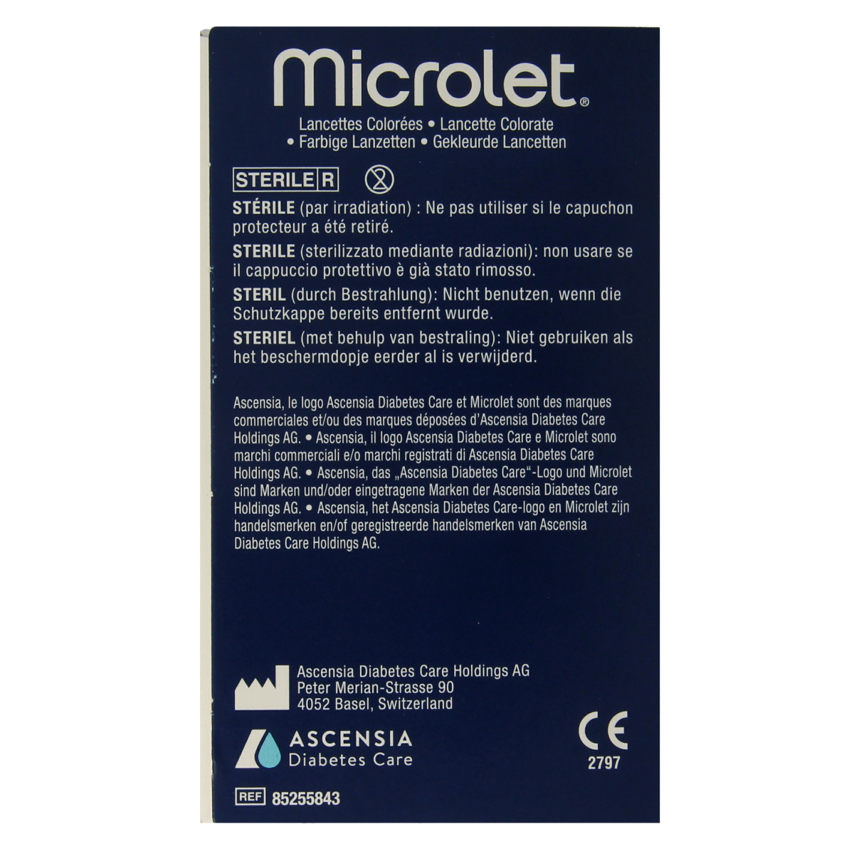 Bayer Microlet lancet in various colors for blood testing, shown with packaging and lancet details.