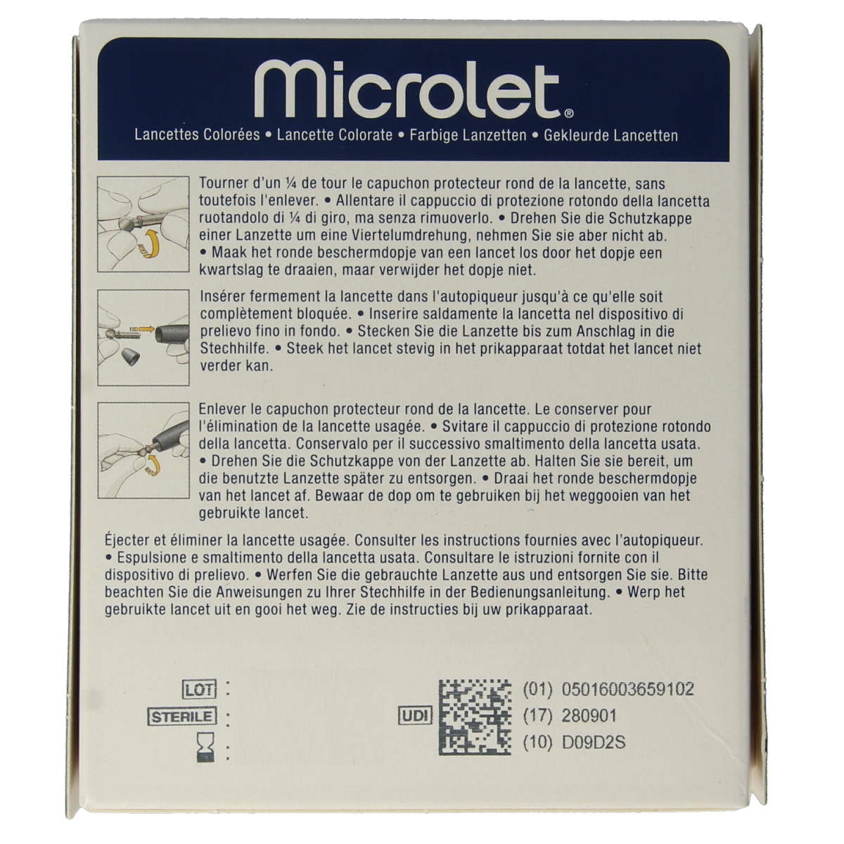 Bayer Microlet lancet in colorful design, used for blood sampling, shown with packaging for lancetten and needles.