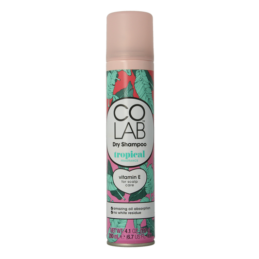 Colab Droogshampoo tropical 200ml bottle, a haircare product with vibrant tropical scent and sleek packaging.