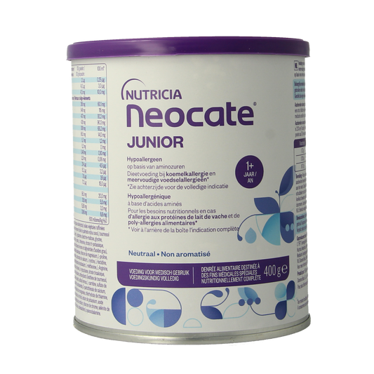 Neocate Junior neutraal baby and toddler nutrition powder in a 400g container with label and scoop.