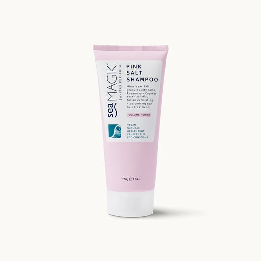 Sea Magik Pink Salt Shampoo for hair care, 200g bottle with pink salt visible, natural and nourishing hair treatment.