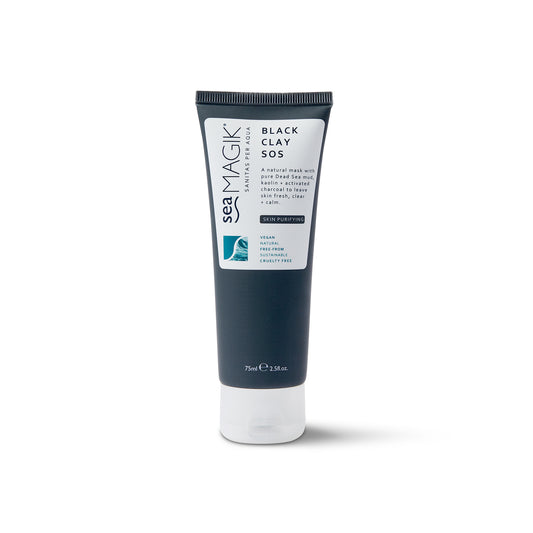 Sea Magik Black Clay SOS body treatment in 75ml jar, featuring black clay for skin detox and rejuvenation.