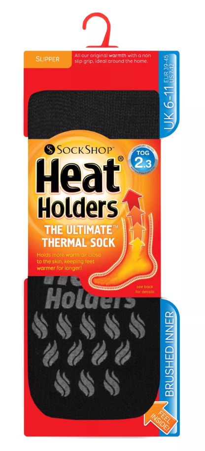 Heat Holders men's black and grey anti-slip socks in size 6-11, cozy woven design with non-slip grips on the soles.