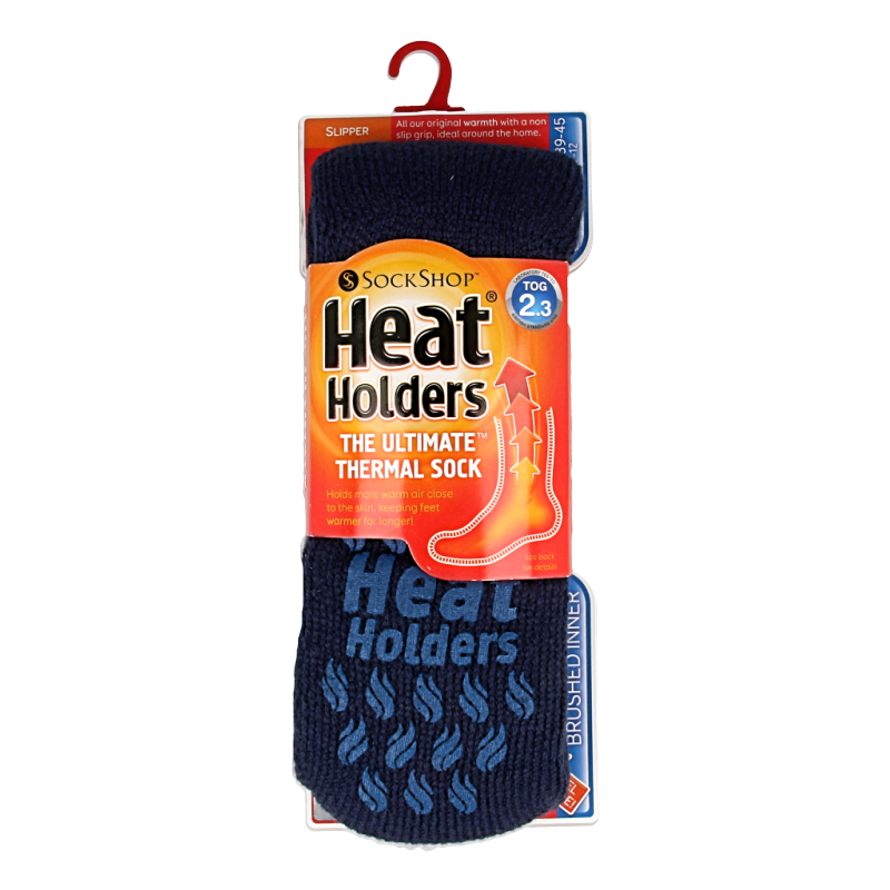 Deep blue Heat Holders men's slipper socks size 6-11, cozy and warm, shown in the image.