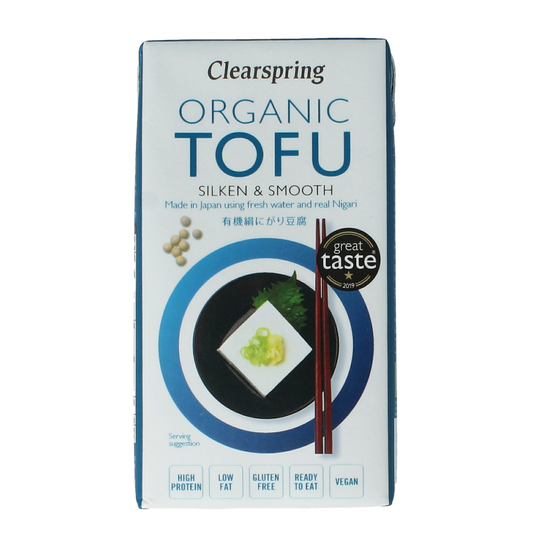 Silk bio tofu by Clearspring, 300g, soft and smooth, ideal for vegetarian and vegan dishes, packaged in a clear plastic container