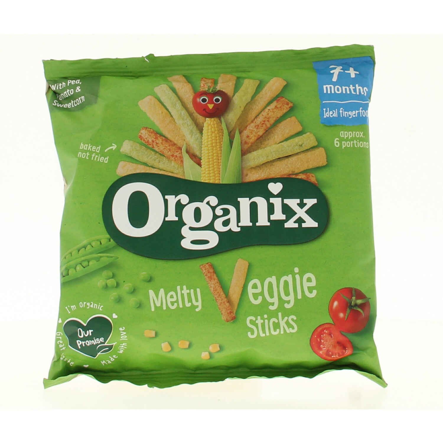 Organic veggie sticks for babies and toddlers by Organix, 15g, suitable for 7 months, with colorful vegetable pieces in a clear package.