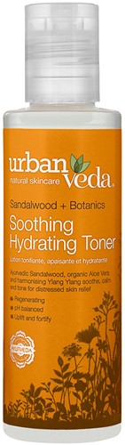 Urban Veda Soothing Hydrating Toner 150ml bottle, facial skincare product with clear liquid and minimalist label, natural and calming.
