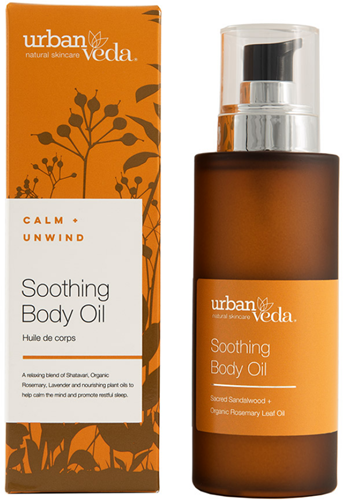 Urban Veda Soothing Body Oil 100ml, natural skincare product with calming ingredients, in a clear glass bottle with a pump dispenser.