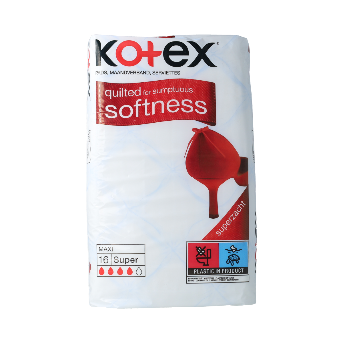 Kotex Maxi super sanitary pads and tampons pack with 16 pieces, feminine hygiene products, in packaging.