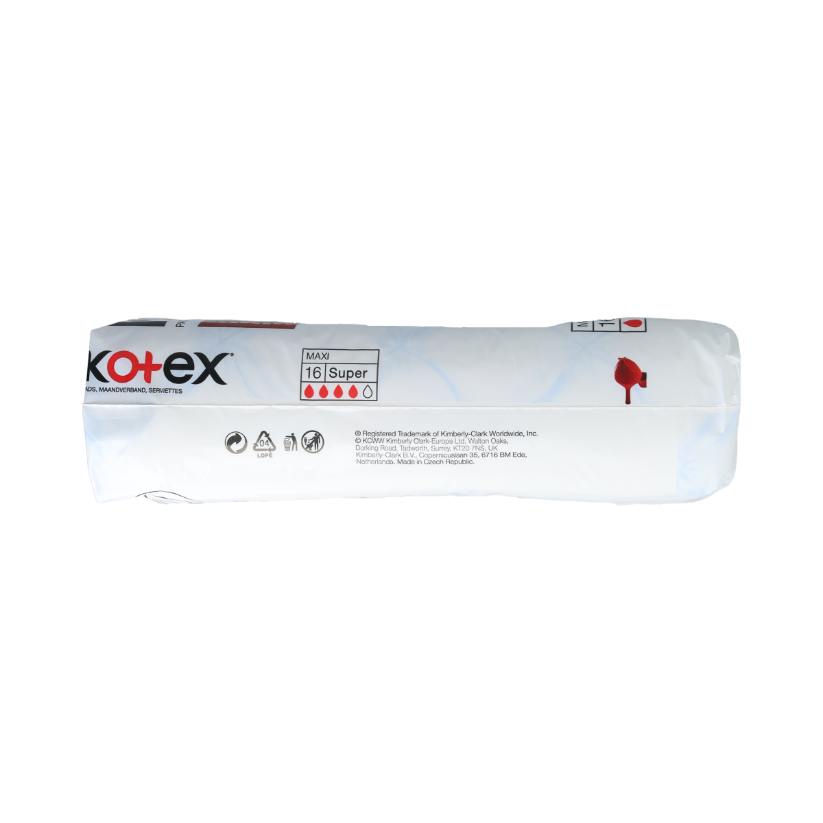 Kotex Maxi Super tampons and feminine pads, 16-pack, featuring discreet packaging and feminine hygiene products for women.