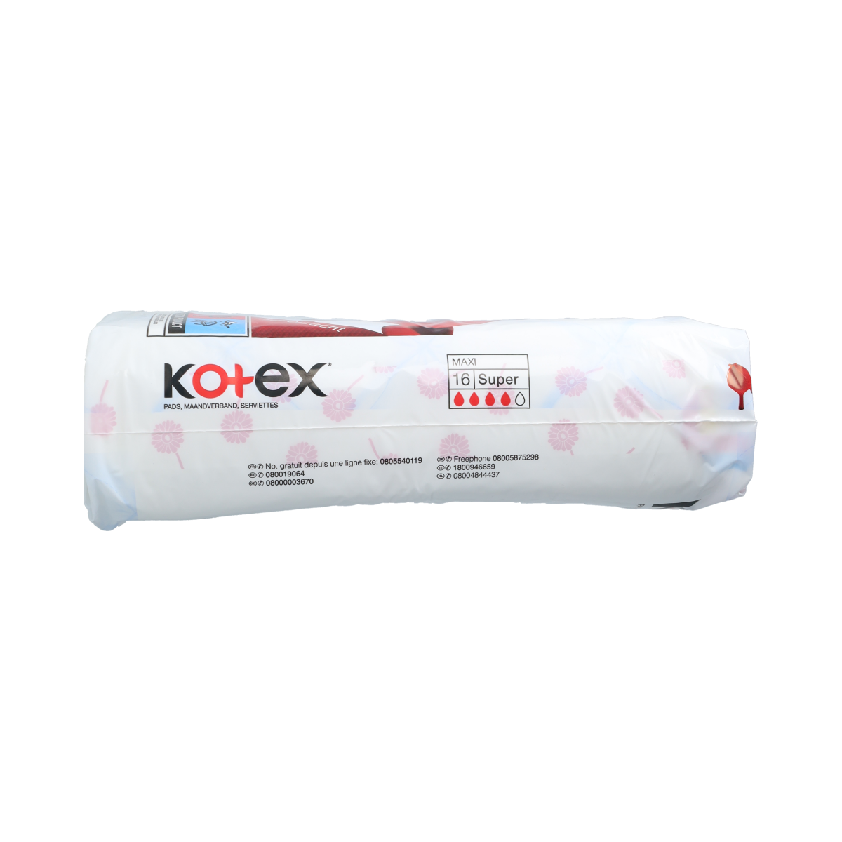 Kotex Maxi super feminine hygiene pads and tampons, 16-pack, for women’s comfort and protection.