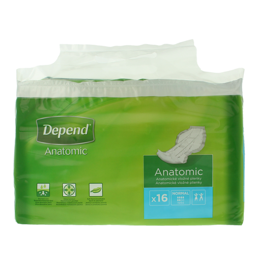 Depend Anatomic normaal incontinentie inlegkruisjes, 16 stuks, voor comfortabele bescherming en ondersteuning.