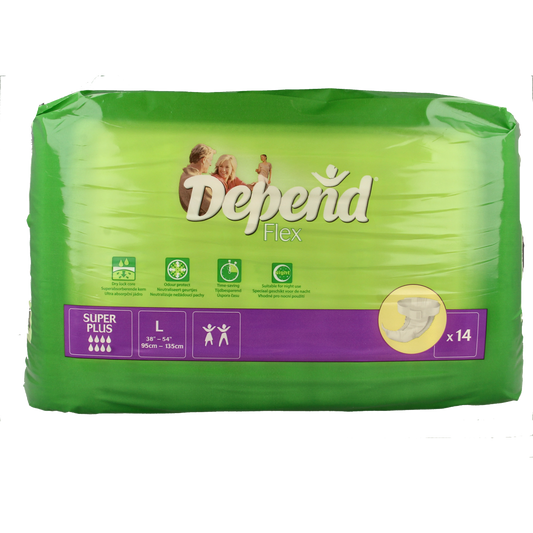 Depend Flex Super+ incontinence pads size L, 14-pack, showing absorbent, contoured design for secure fit and comfort.
