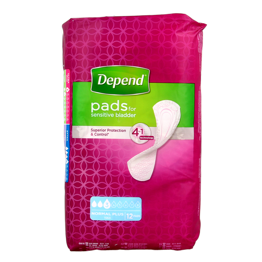 Depend Normaal plus incontinence pads, 12 pack, with absorbent design for discreet protection and comfort.