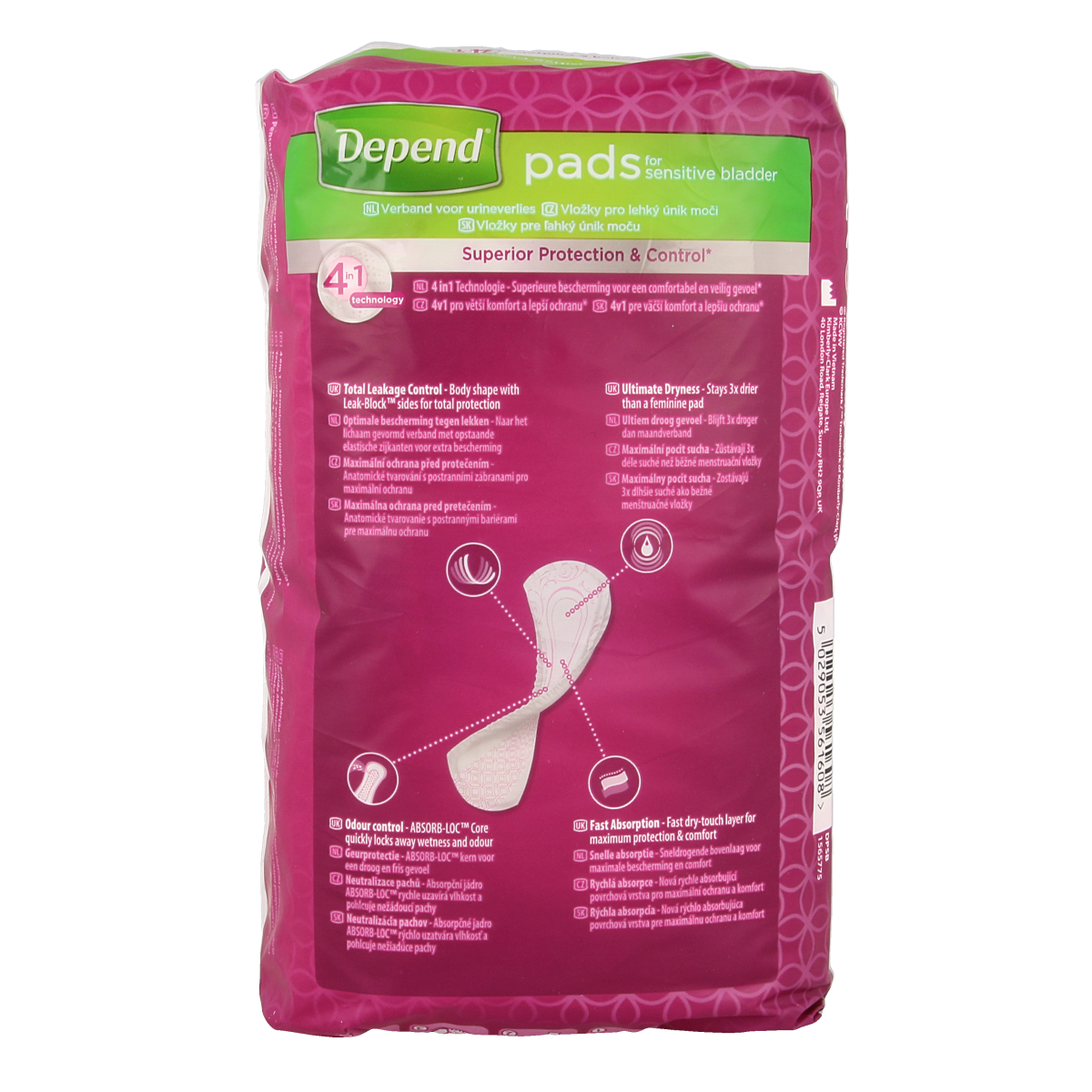 Depend Verband Super incontinence pads, pack of 8, with absorbent material and discreet design for adult incontinence management.