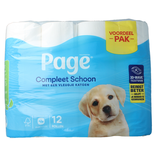 Page Compleet schoon 12.00 Rol toiletpapier in a white roll with perforations, designed for bathroom use.